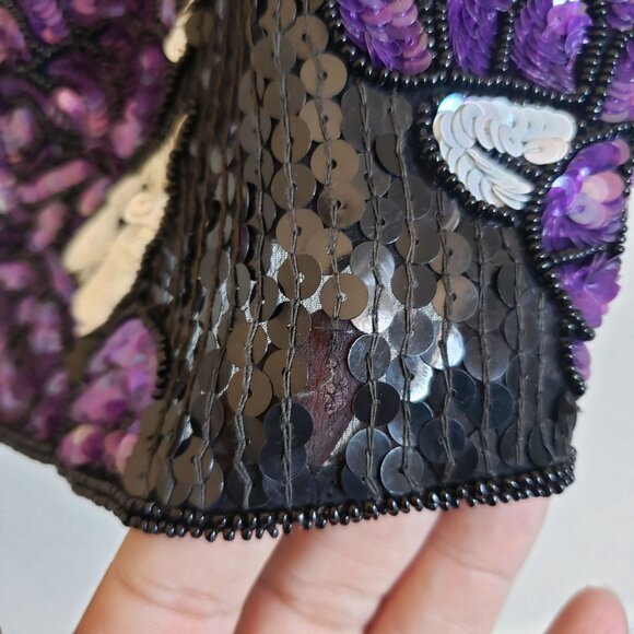 Vintage 100% Silk Full Sequin Beaded Floral Dress Sz M Black/Purple Event Formal - Picture 10 of 12